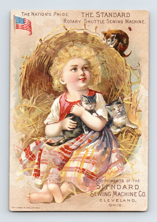 Victorian trade card girl holding kittens hay nest Standard Sewing Machine Cleveland Ohio 1890s