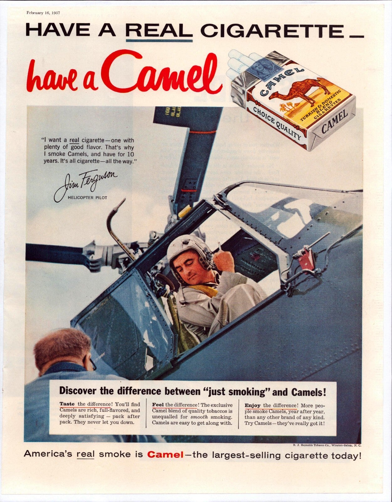 Camel Cigarettes 1957 helicopter pilot Jim Ferguson cockpit print advertisement