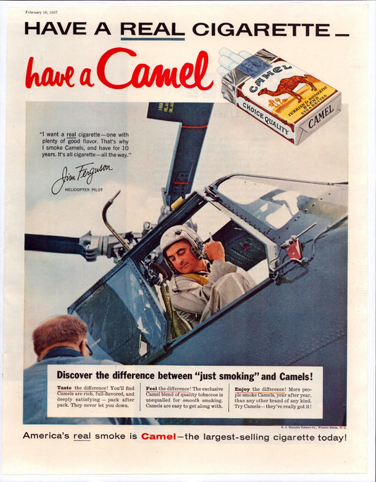 Camel Cigarettes 1957 helicopter pilot Jim Ferguson cockpit print advertisement