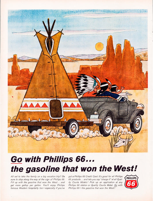 Phillips 66 1966 print ad car towing teepee desert illustration Route 66 style