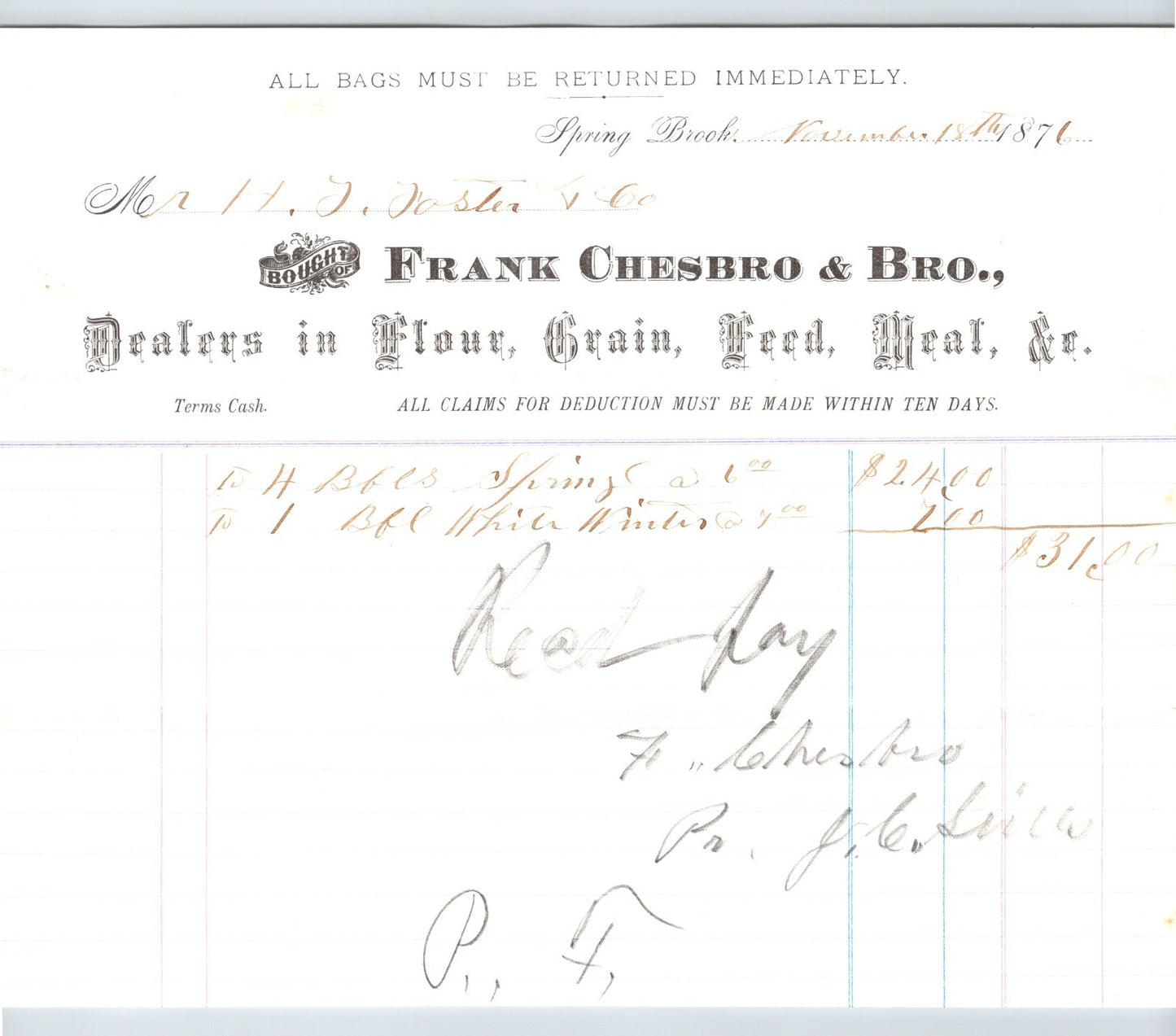 Spring Brook New York Frank Chesbro Bro 1897 flour grain billhead ledger