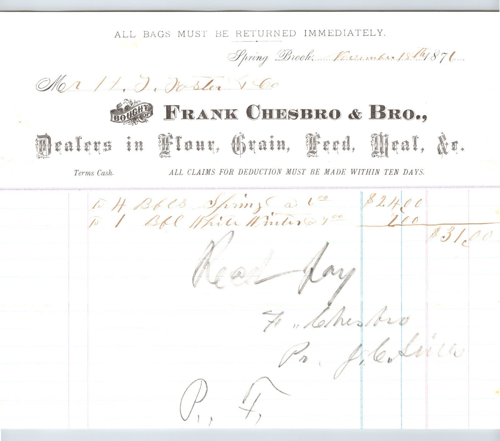 Spring Brook New York Frank Chesbro Bro 1897 flour grain billhead ledger
