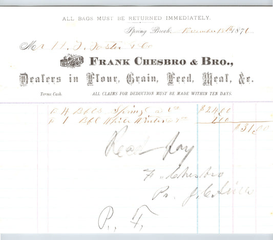 Spring Brook New York Frank Chesbro Bro 1897 flour grain billhead ledger