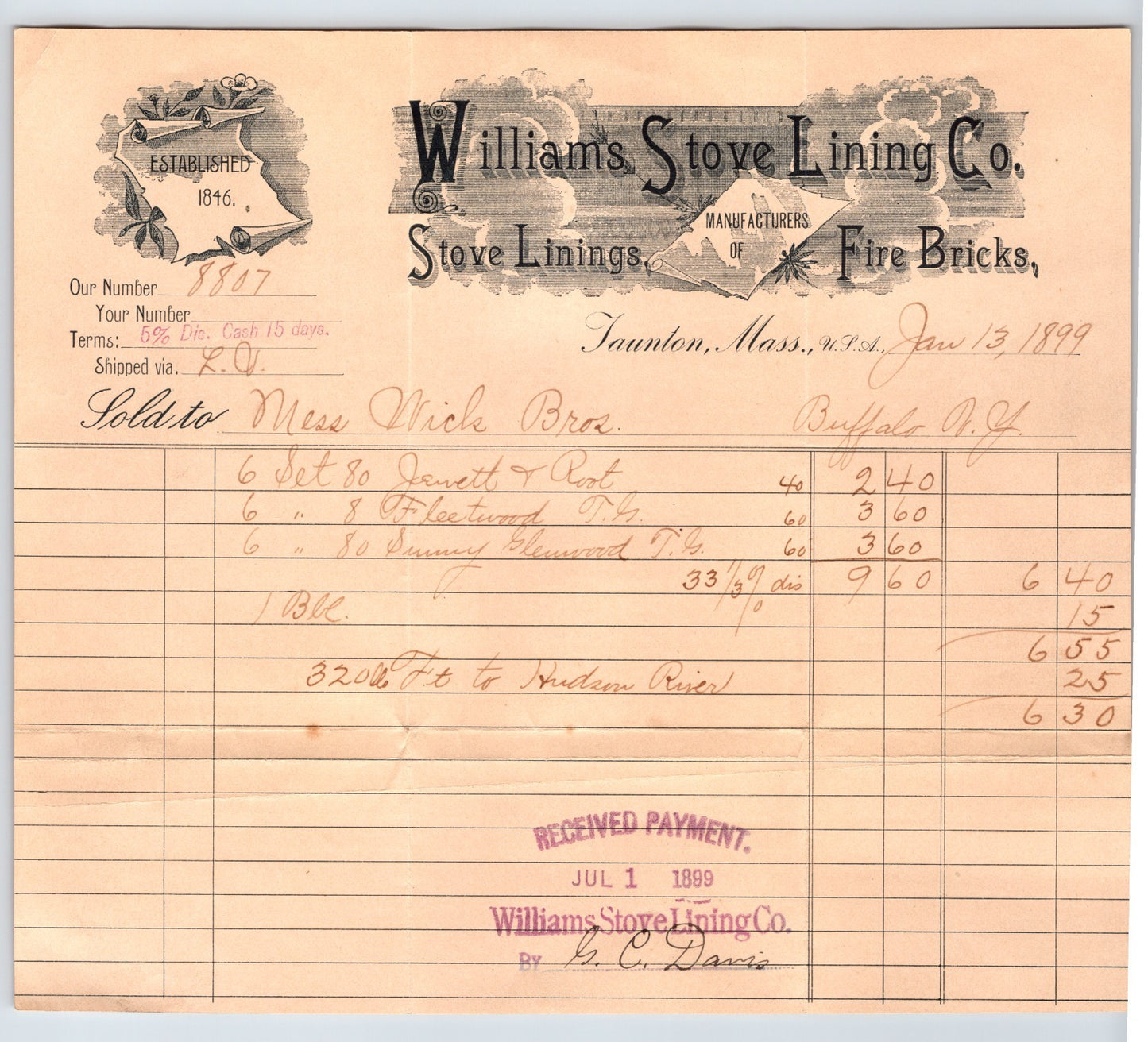 Taunton Massachusetts 1899 Williams Stove Lining Company Billhead 8.5 x 7