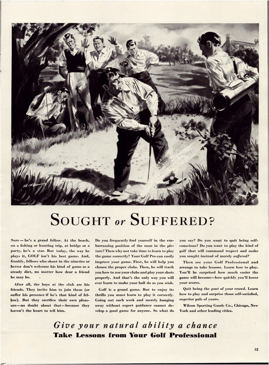 Golf professional 1940 print ad bunker lesson illustration golfer sand trap instruction full page