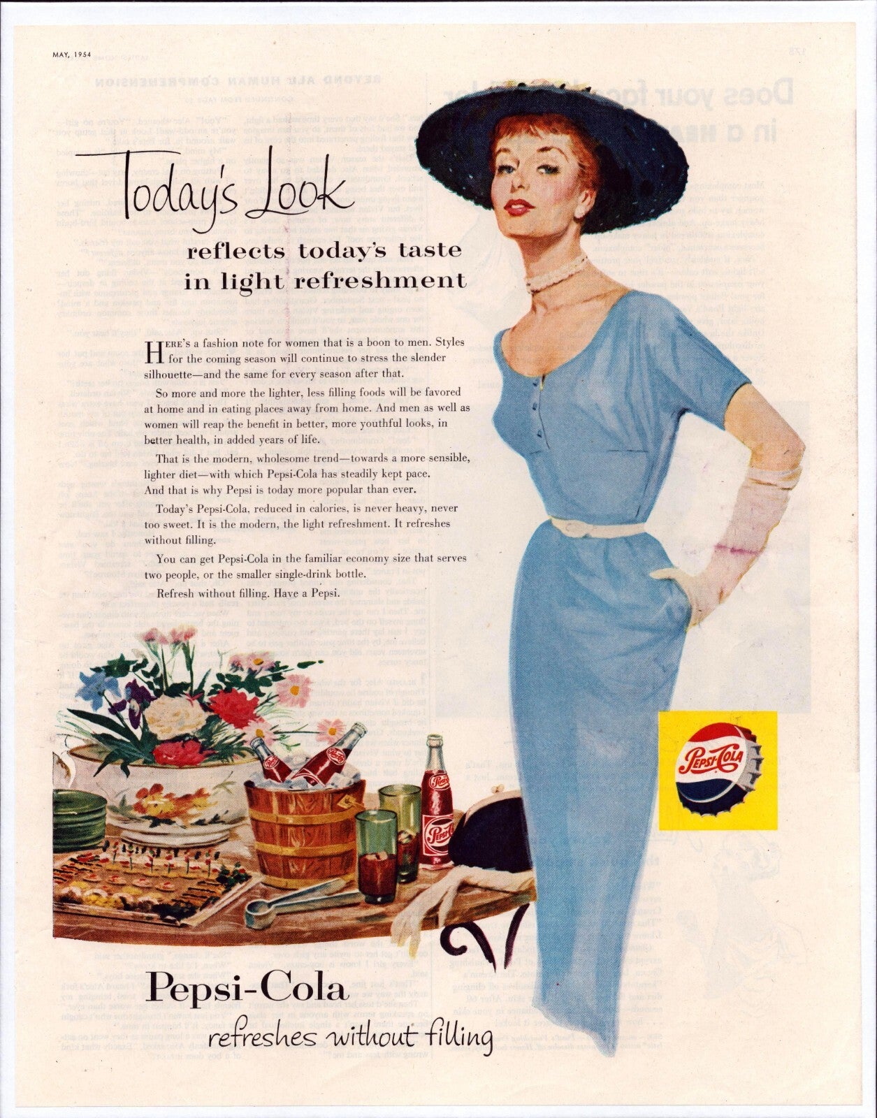 Pepsi Cola 1954 print ad elegant woman blue dress mid century fashion beverage advertisement