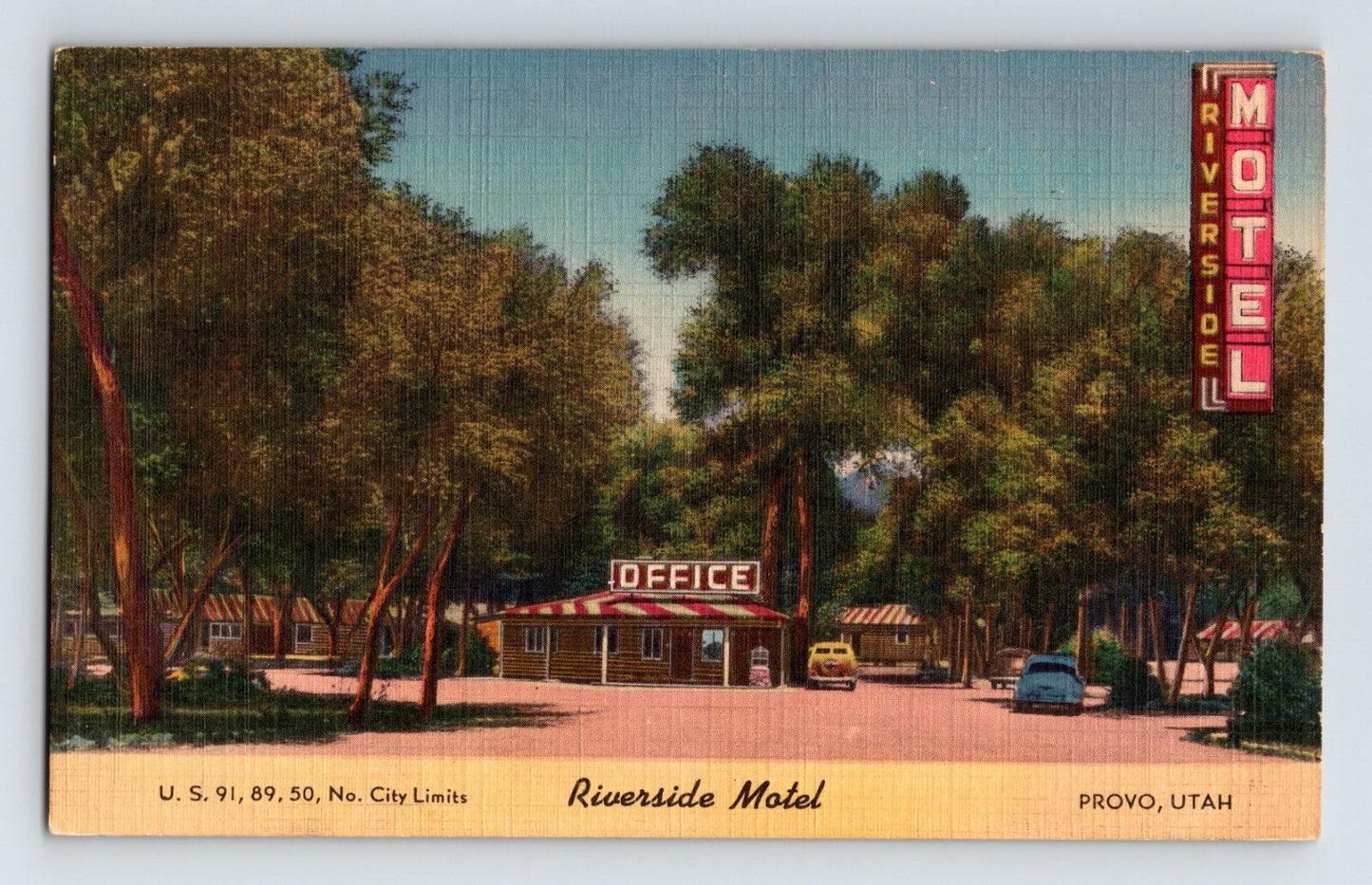 Provo Utah Riverside Motel roadside cabins US Highway linen postcard 1940s