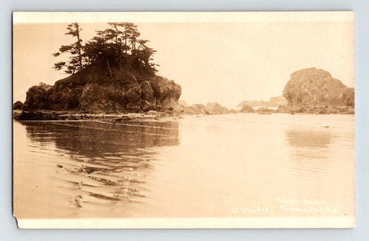 Pebble Beach Crescent City California rocky shoreline with small island and trees real photo postcard