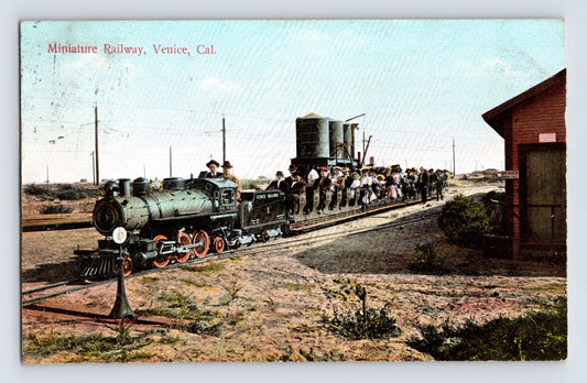Venice California miniature railway train passengers 1909 postcard early amusement railroad scene