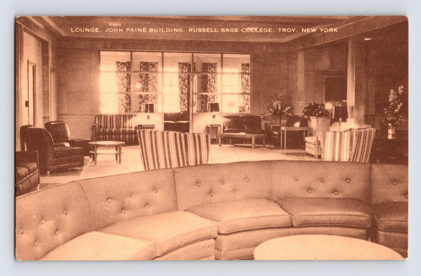 Troy New York Russell Sage College Paine Building lounge interior 1930s postcard
