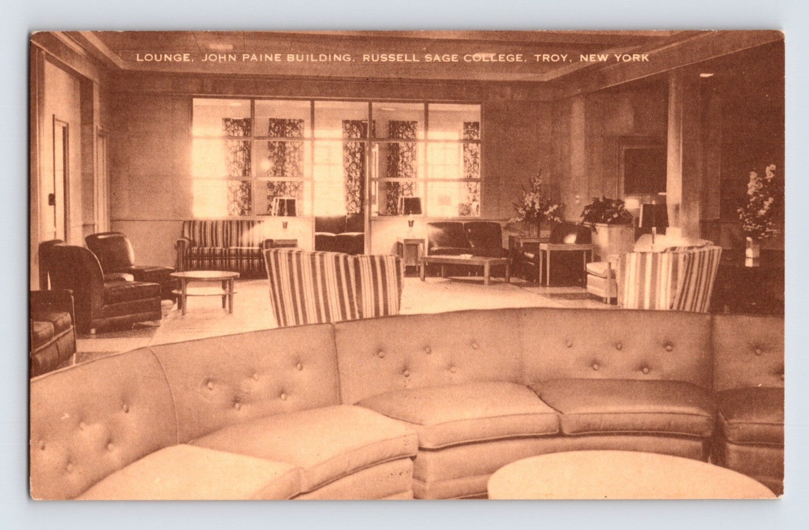 Troy New York Russell Sage College Paine Building lounge interior 1930s postcard