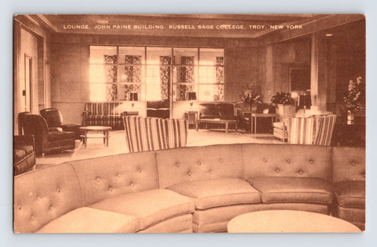 Troy New York Russell Sage College Paine Building lounge interior 1930s postcard