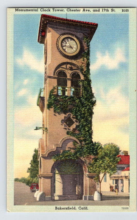 Bakersfield California clock tower Chester Avenue 17th Street 1940s linen postcard