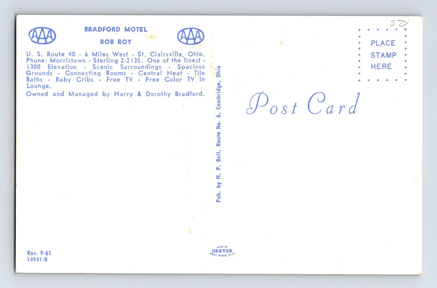 St Clairsville Ohio Bradford Rob Roy Motel 1960s Postcard Unposted Chrome