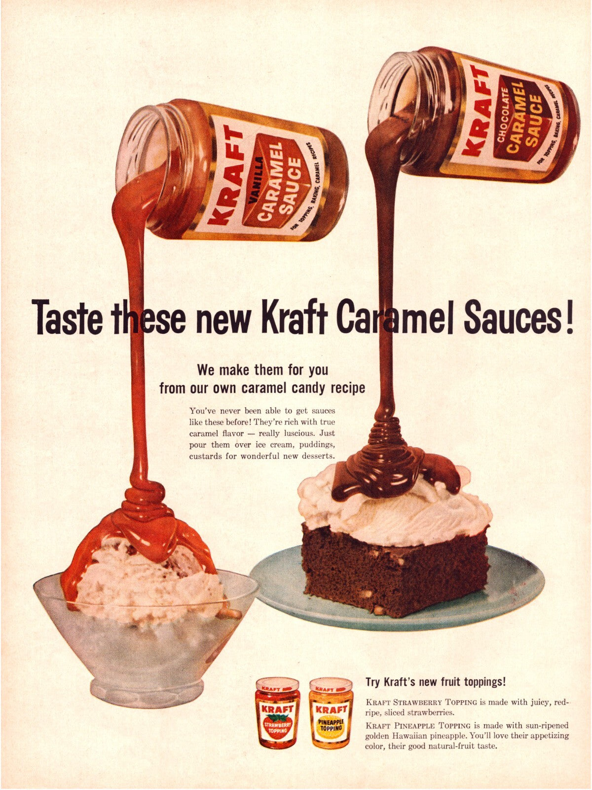 Kraft caramel sauce jars pouring over dessert ice cream cake 1959 print advertisement