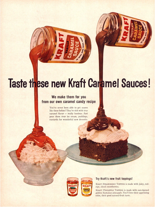 Kraft caramel sauce jars pouring over dessert ice cream cake 1959 print advertisement