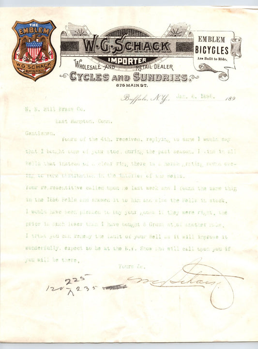 W G Schack Emblem Cycles Buffalo New York 1896 Bicycle Letterhead 8.5 x 11