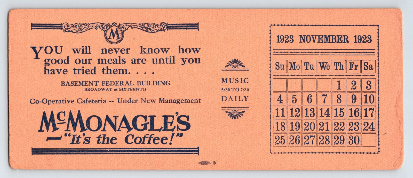 McMonagle’s coffee shop 1923 ad blotter New York City calendar November vintage advertising