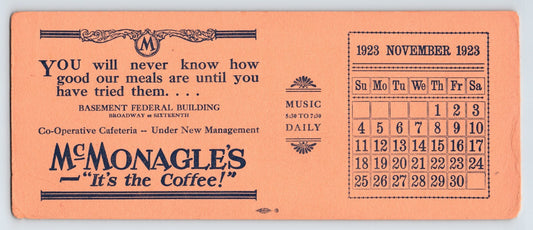 McMonagle’s coffee shop 1923 ad blotter New York City calendar November vintage advertising