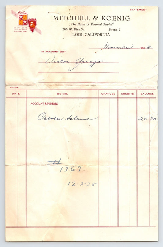Lodi California Mitchell Koenig DeSoto Plymouth automobile dealership billhead 1938