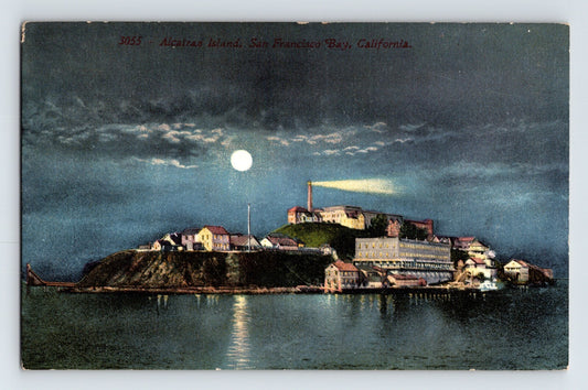 San Francisco California Alcatraz Island night full moon searchlight harbor water 1910s postcard