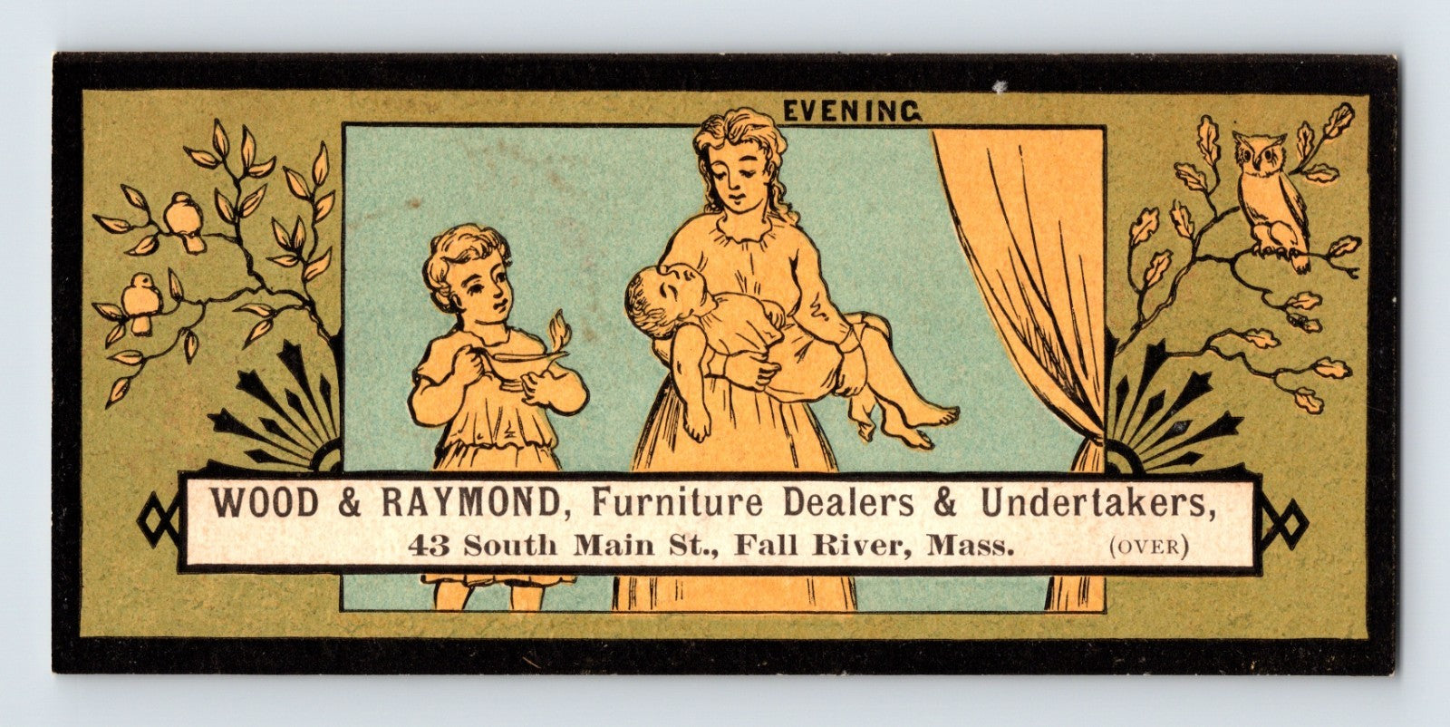 Victorian era advertising trade card for Wood and Raymond furniture dealers and undertakers in Fall River Massachusetts, 1890s coffin and casket business promotion