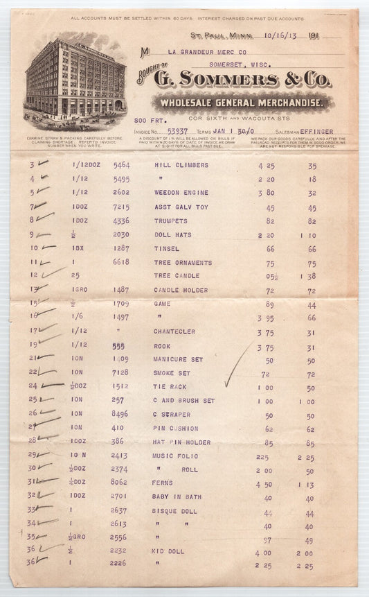 Minnesota St Paul Sommers Company 1913 Christmas Billhead 2-Page 8.5" x 14"