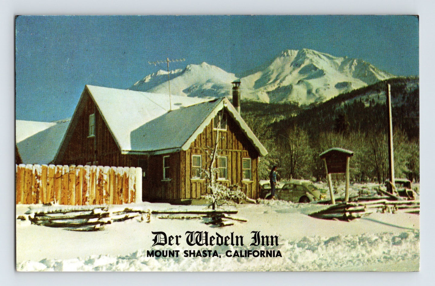 Mount Shasta California Der Wedeln Inn motel winter snow scene with Mount Shasta in background 1960s chrome postcard