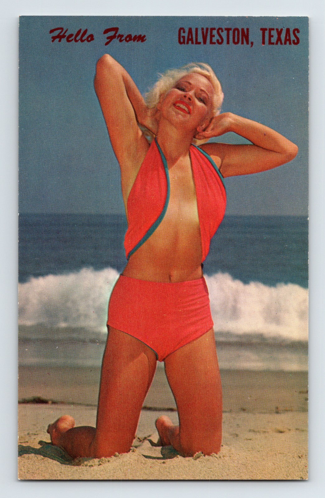 Galveston Texas beach pin up woman red swimsuit waves 1950s chrome postcard