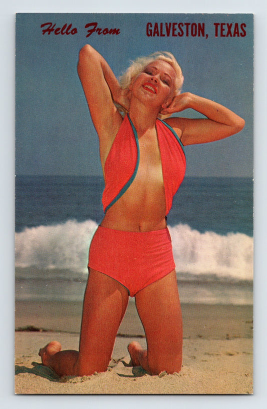 Galveston Texas beach pin up woman red swimsuit waves 1950s chrome postcard