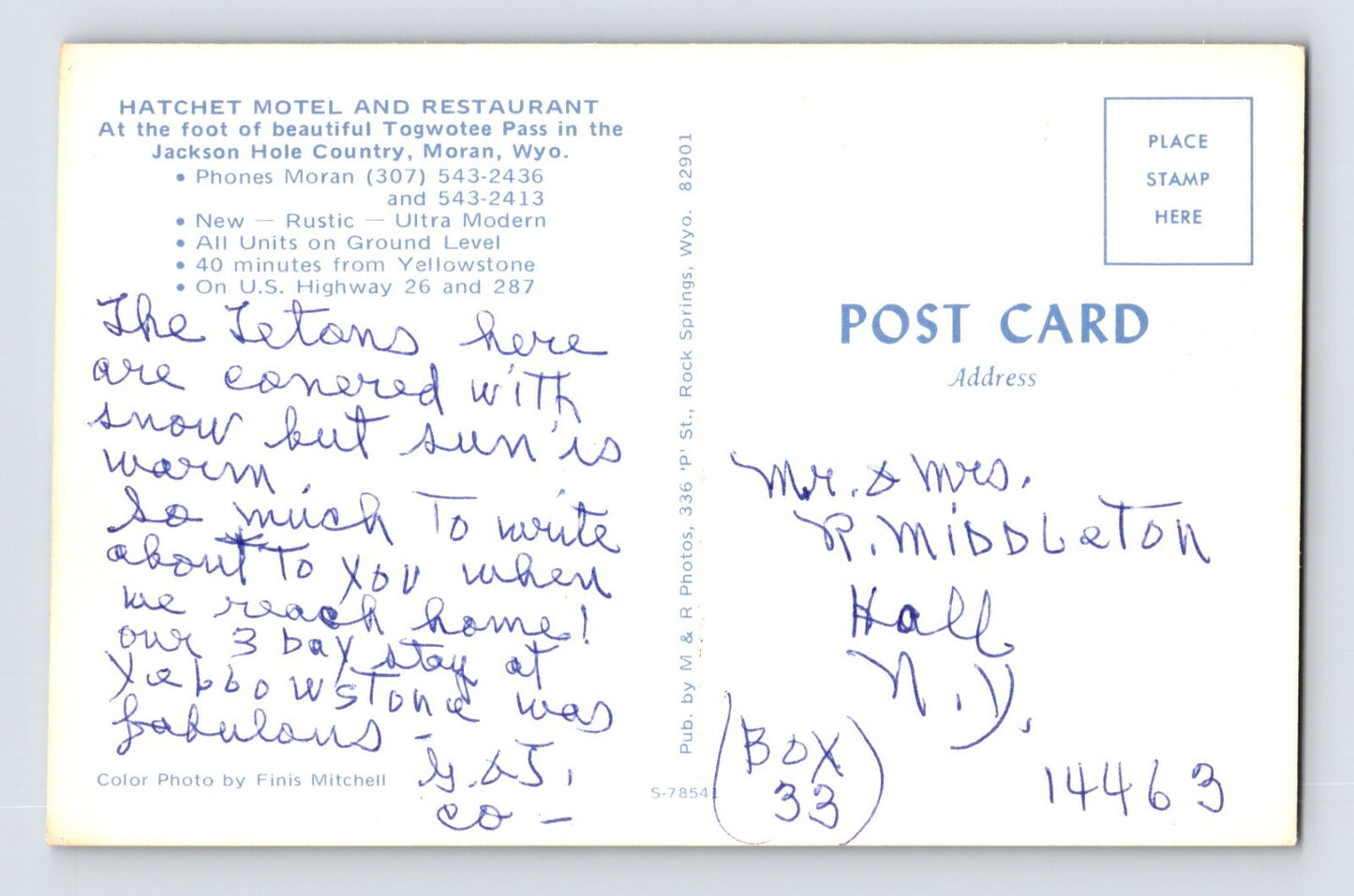 Moran Wyoming Hatchet Motel Restaurant 1960s Postcard Unposted Chrome 1960s