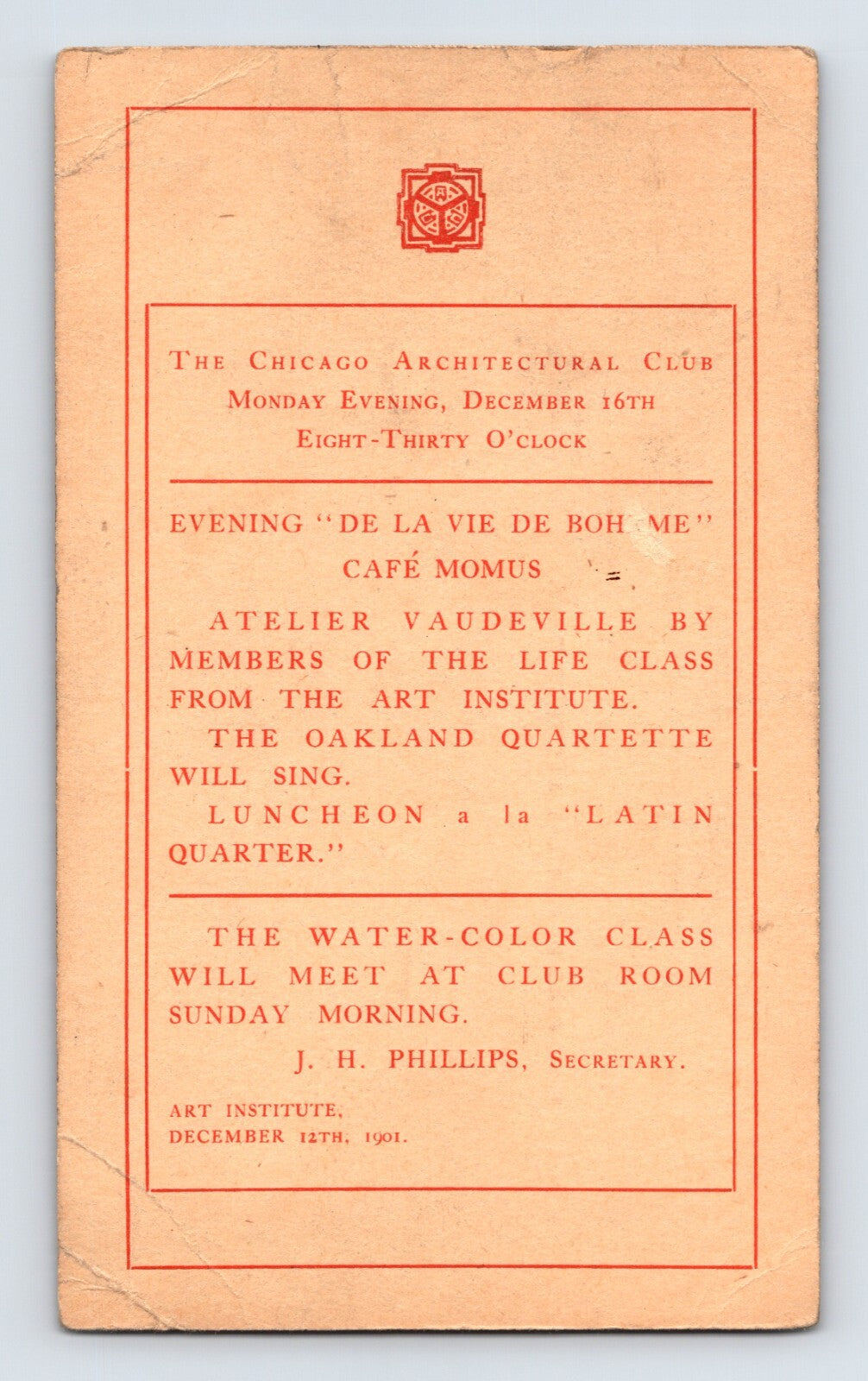 Chicago Illinois 1901 Chicago Architectural Club Art Institute meeting invitation postcard with red printed border