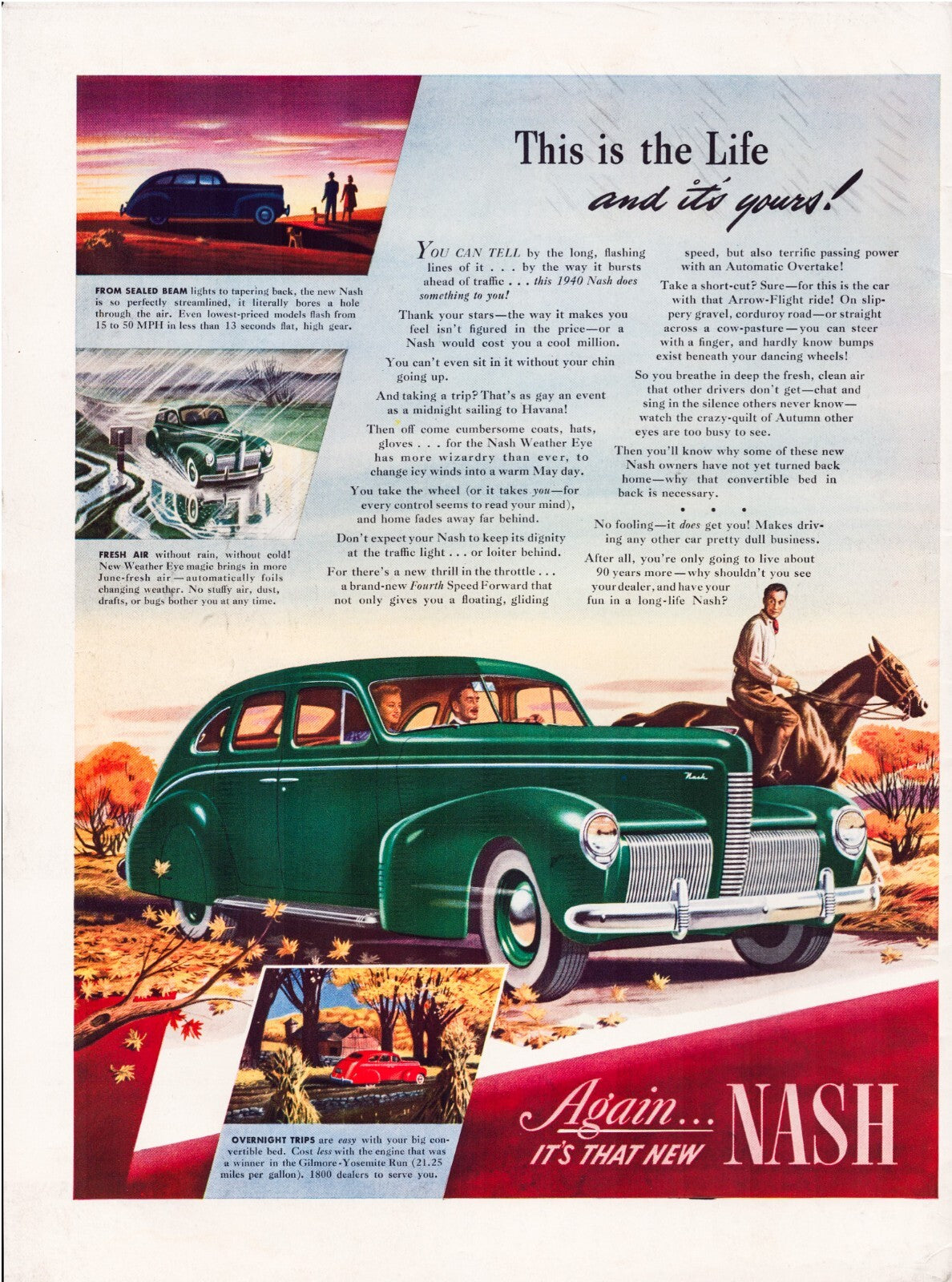 Nash automobile 1939 green sedan Arrow Flight illustration full page print ad