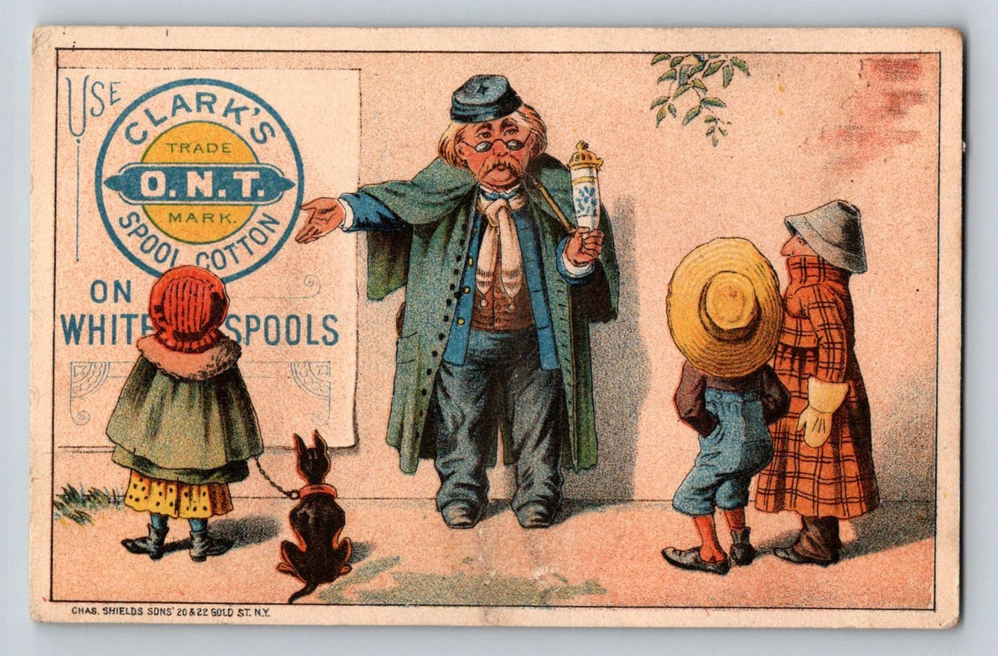 Clarks O N T Spool Cotton Thread 1890s Victorian Trade Card Town Crier 3 x 4.5
