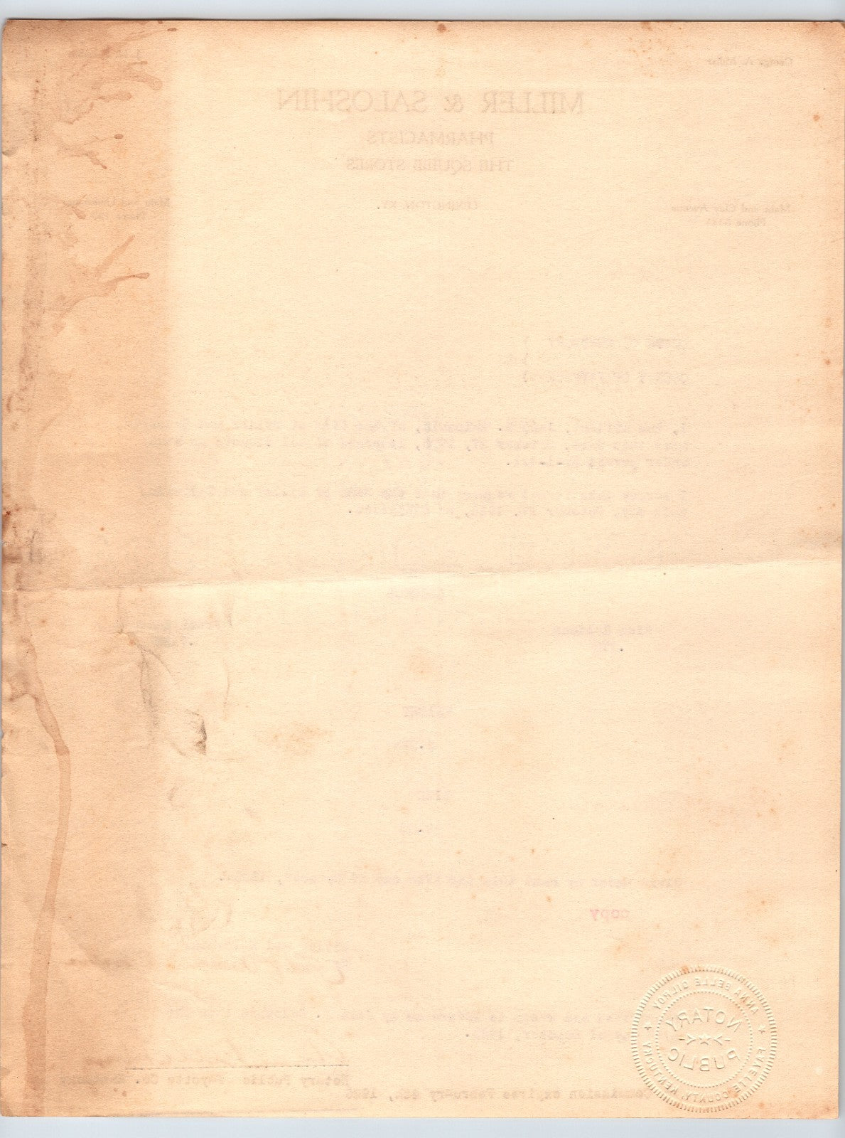 Lexington KY Prohibition 1925 Miller Saloshin Pharmacists Letterhead 8.5" x 11"