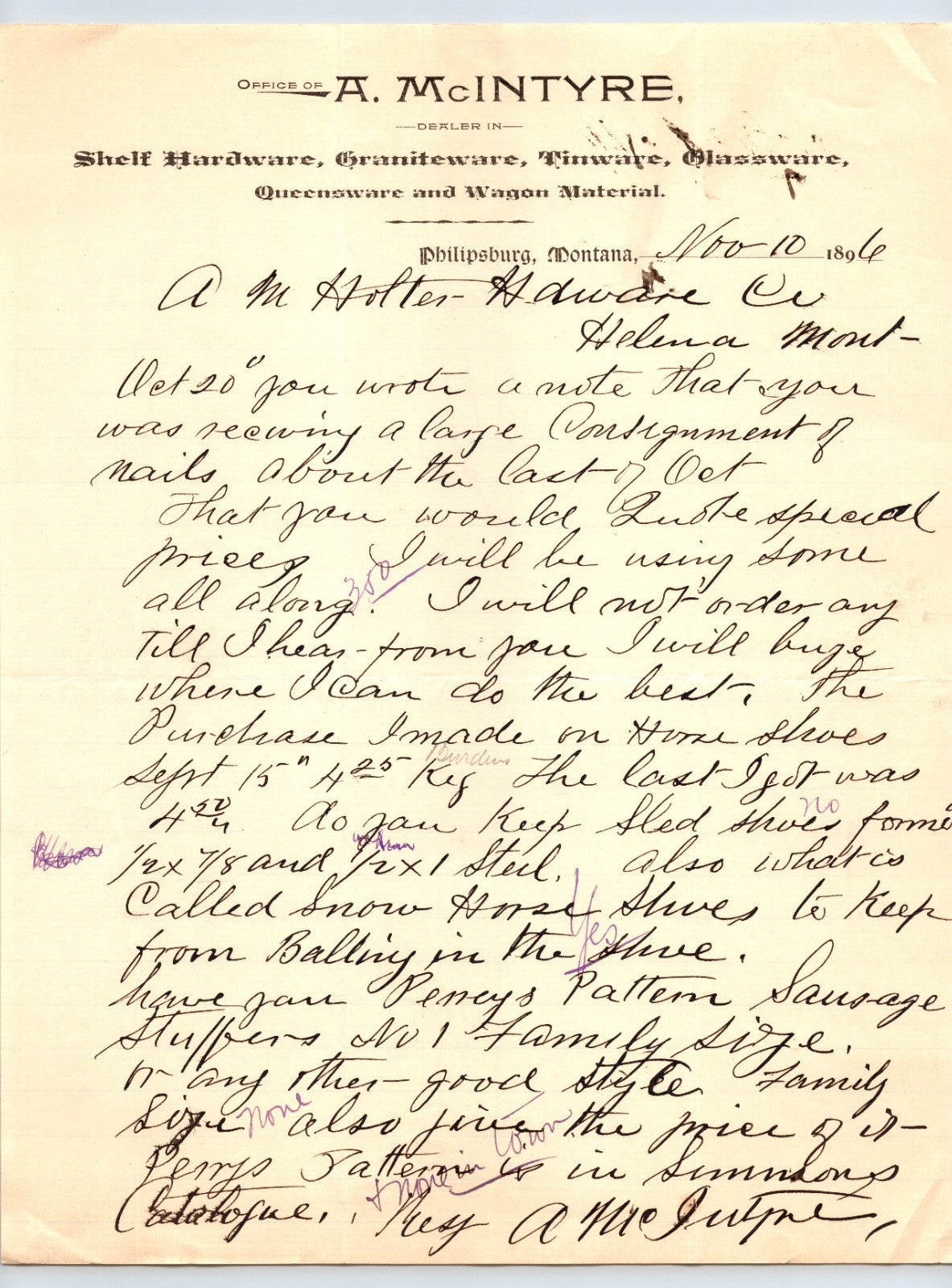 Philipsburg, Montana November 10, 1896 manuscript letter on A. McIntyre hardware letterhead discussing nails, steel shoes, and sausage stuffers.