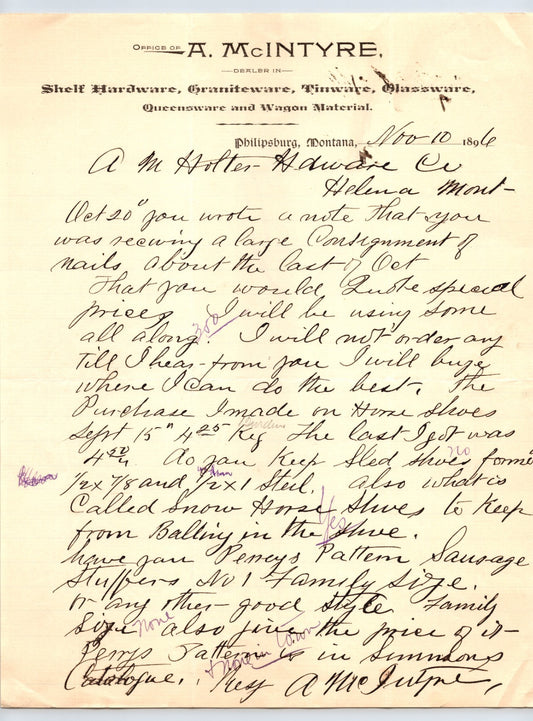 Philipsburg, Montana November 10, 1896 manuscript letter on A. McIntyre hardware letterhead discussing nails, steel shoes, and sausage stuffers.