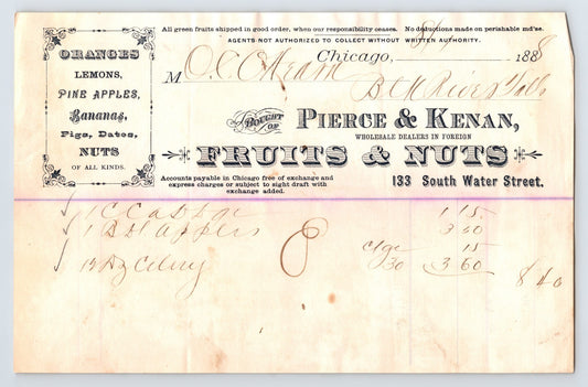 Chicago Illinois Pierce Kenan fruits nuts 1880s wholesale billhead invoice document vintage produce