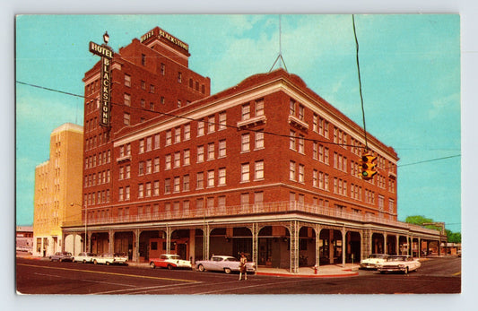 Tyler Texas Blackstone Hotel red brick multi story building with vintage cars 1960s chrome postcard