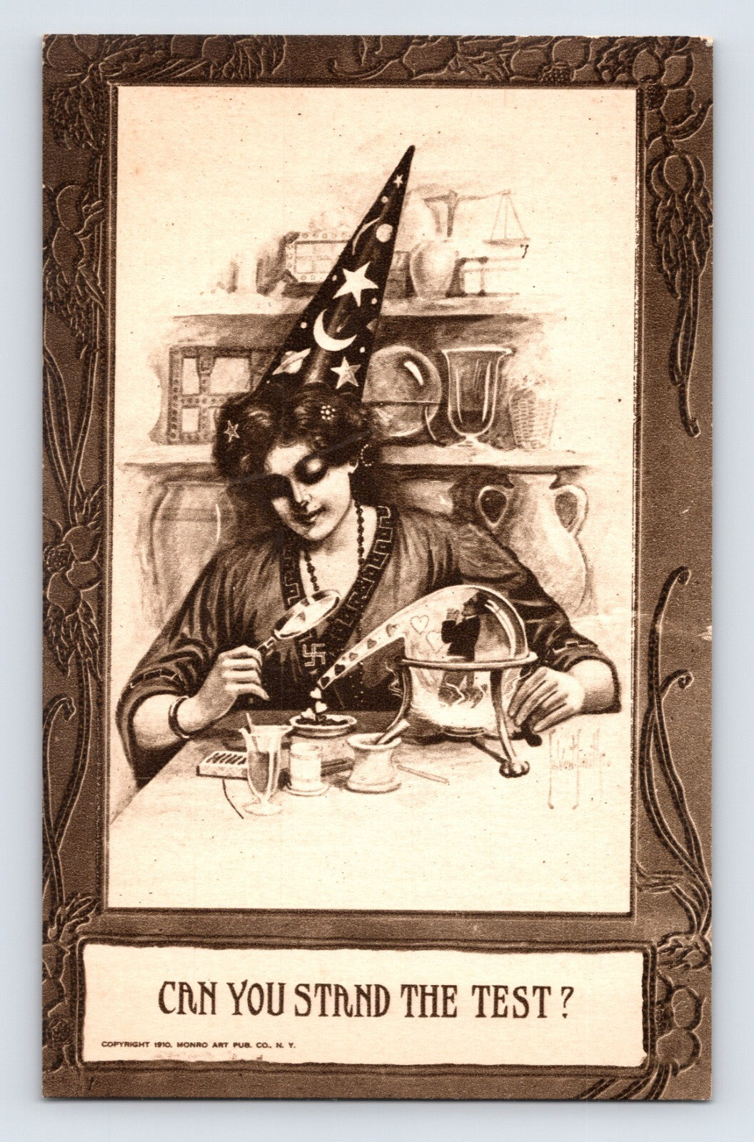 Vintage postcard illustration of woman in pointed wizard hat mixing love potion with Can You Stand the Test caption 1920s