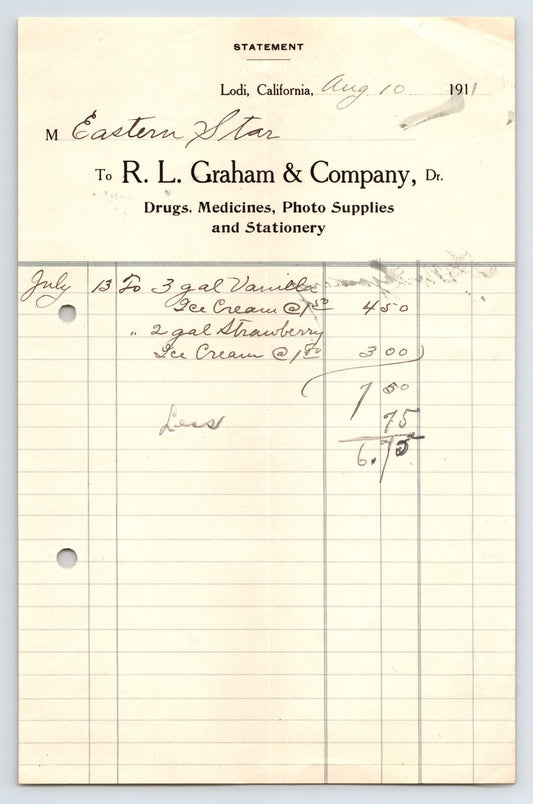 Lodi California 1911 R L Graham Company drug store billhead handwritten ice cream order Eastern Star ledger page