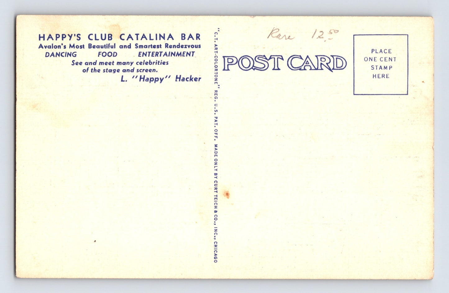 Avalon California Happy's Club Catalina Bar Interior 1940s Postcard Unposted Linen