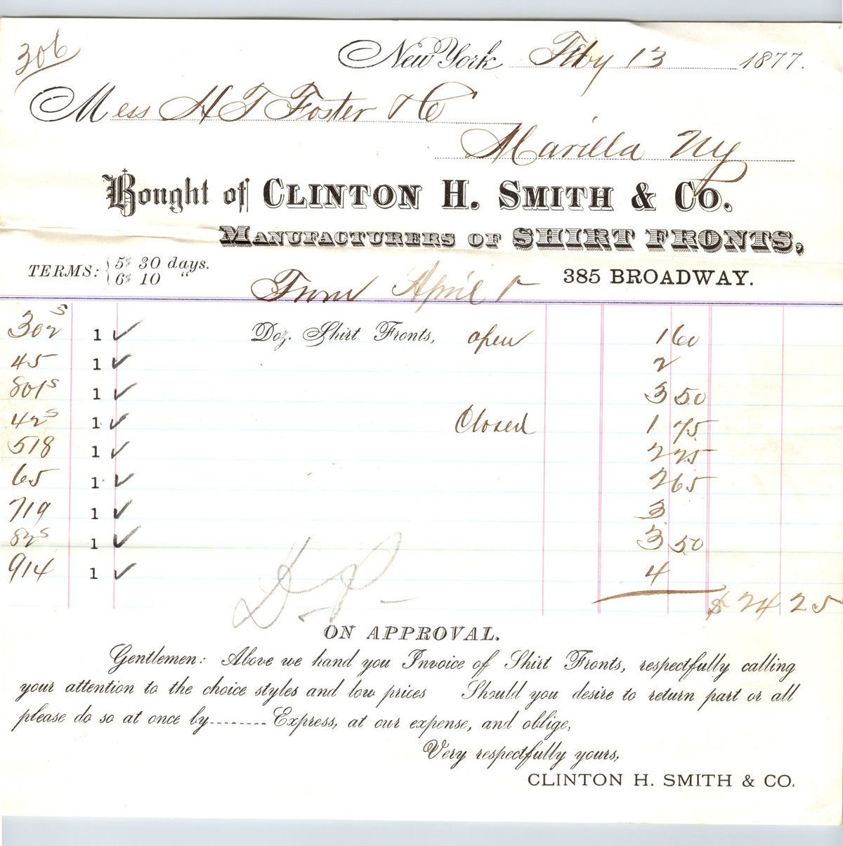 New York City 1877 Clinton H. Smith Shirt Fronts Billhead - 8.5 x 8