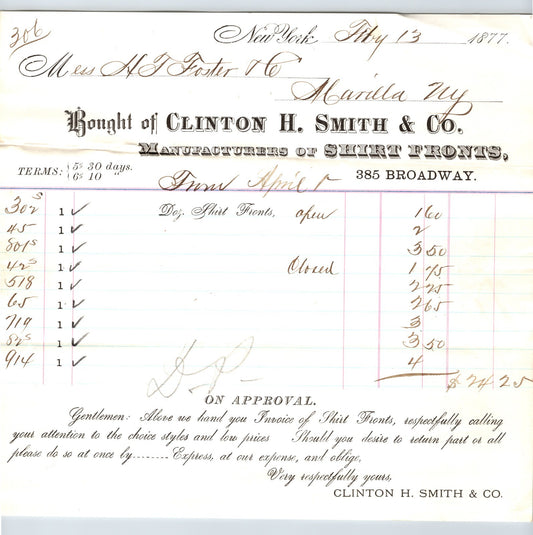 New York City 1877 Clinton H. Smith Shirt Fronts Billhead - 8.5 x 8