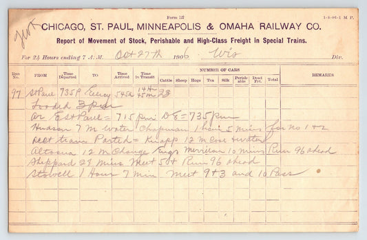 Chicago Illinois 1906 Chicago St Paul Minneapolis Omaha Railway Billhead 8 x 5.5