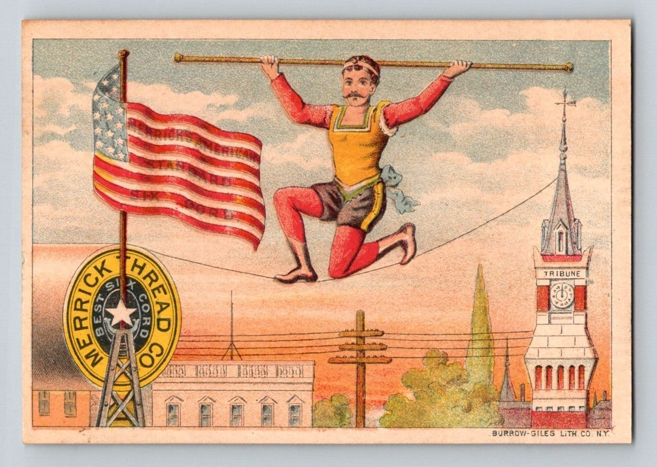 Merrick Sewing Thread 1890s Trade Card Tightrope American Flag - 2.5 x 4