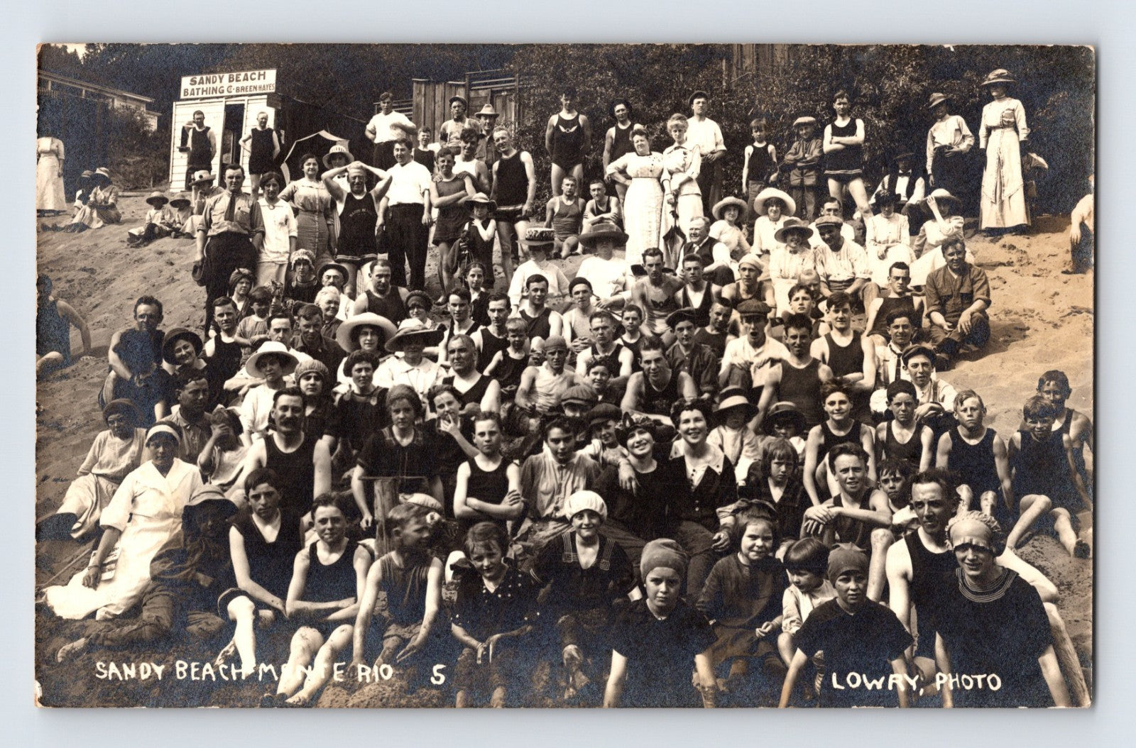 Monte Rio California Sandy Beach bathing crowd RPPC postcard with large group portrait and 1913 postmark
