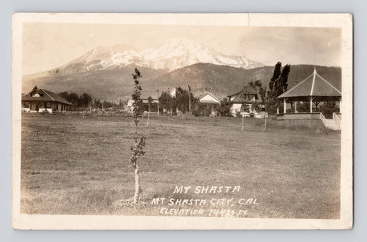 Mount Shasta California Shasta City gazebo houses 1928 RPPC postcard mountain view