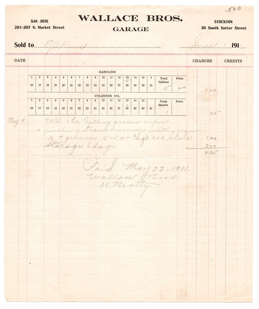 Wallace Bros Garage billhead San Jose Stockton California 1911 gasoline and cylinder oil ledger