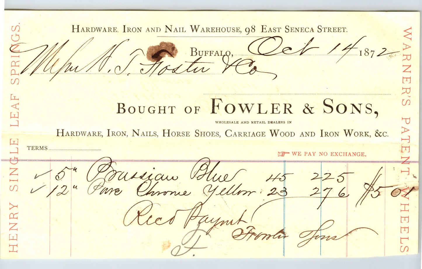 Buffalo New York 1872 Fowler Sons Hardware Horse Shoes Billhead - 8.5 x 5